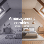 Aménagement combles avant / après illustration vectorielle grenier transformé