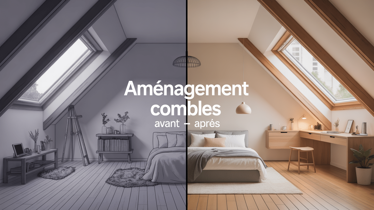 Aménagement combles avant / après illustration vectorielle grenier transformé
