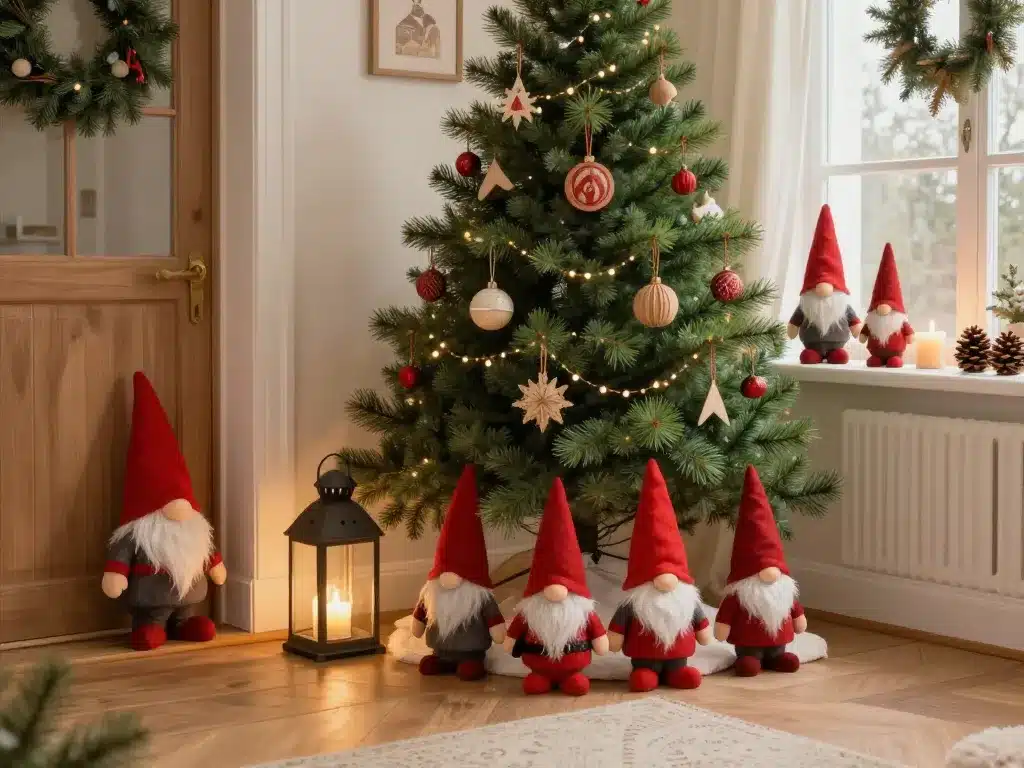 mise en scene gnomes de noel dans salon cosy