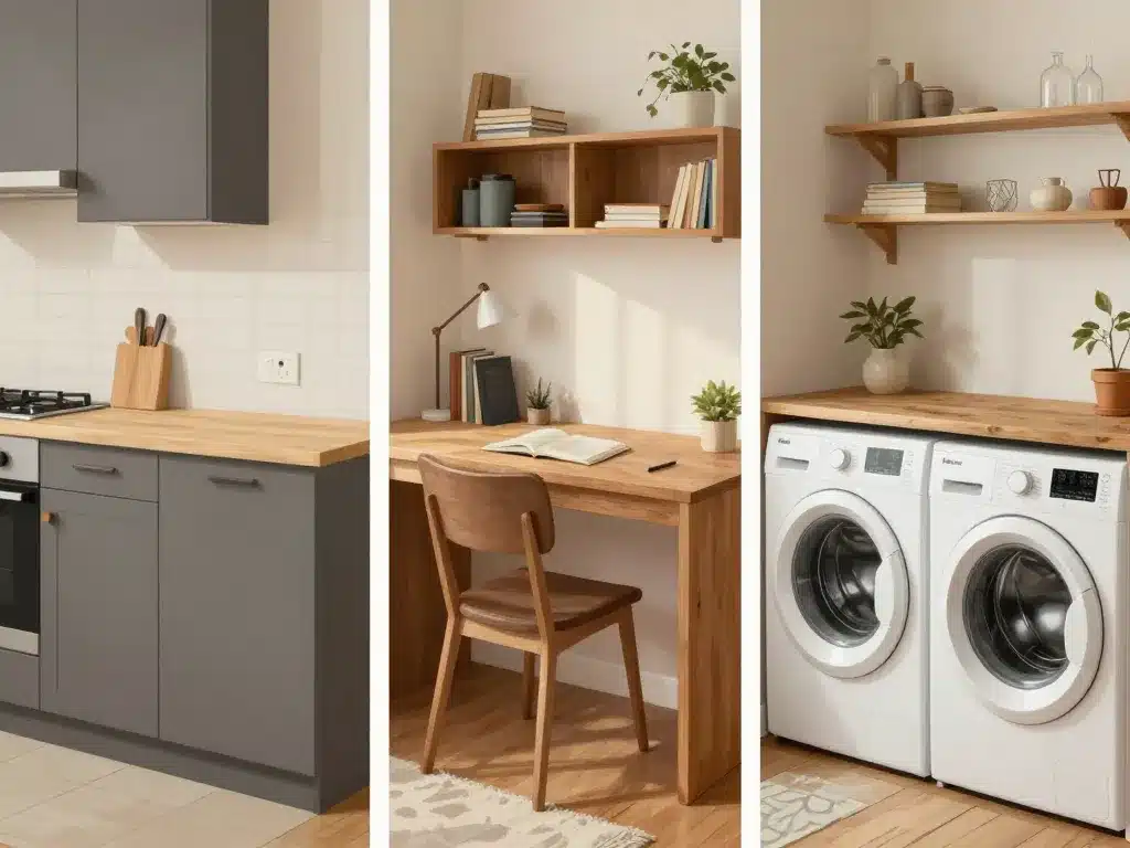 Comparatif meuble avec plan de travail en cuisine, bureau, buanderie