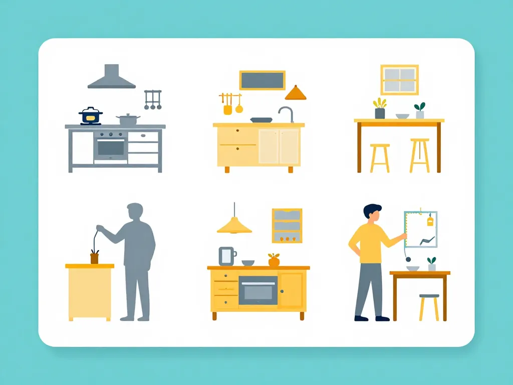 Diagramme sur meuble avec plan de travail et zones d'usage