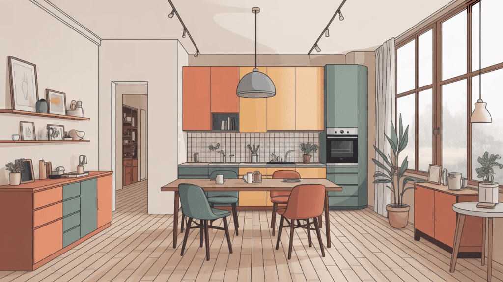 Meuble avec plan de travail dans pièce lumineuse et contemporaine