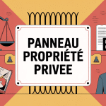 panneau propriété privée loi avec portail et symboles juridiques