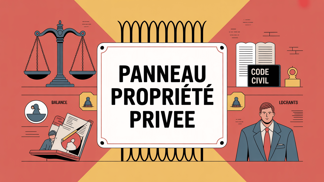 panneau propriété privée loi avec portail et symboles juridiques