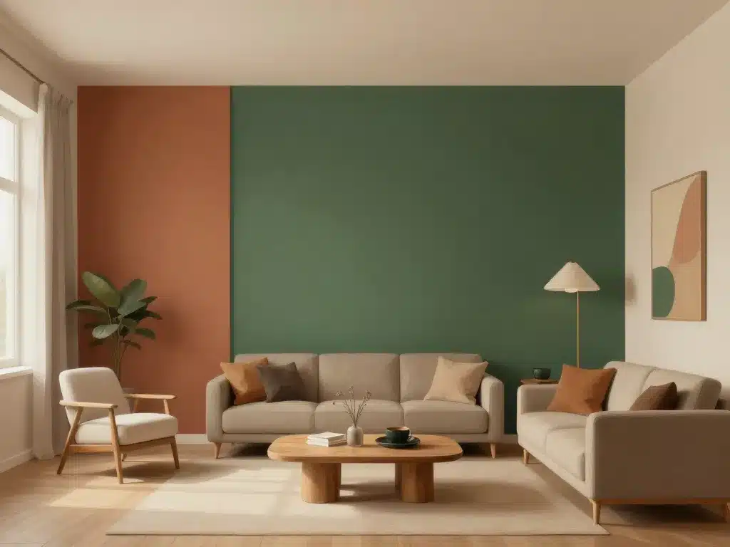 salon moderne avec murs terracotta et vert peinture tendance 2024