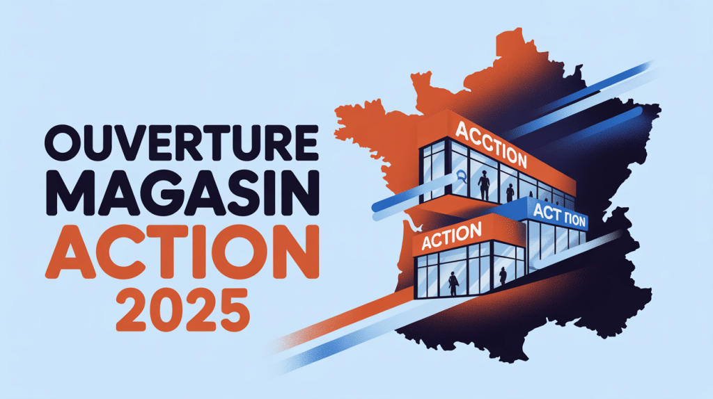 Visuel stylisé prochaine ouverture magasin Action 2025 sur la carte de France