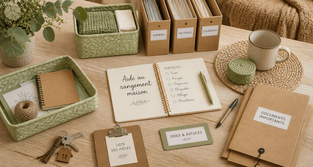 Aide rangement maison objets organisés sur table