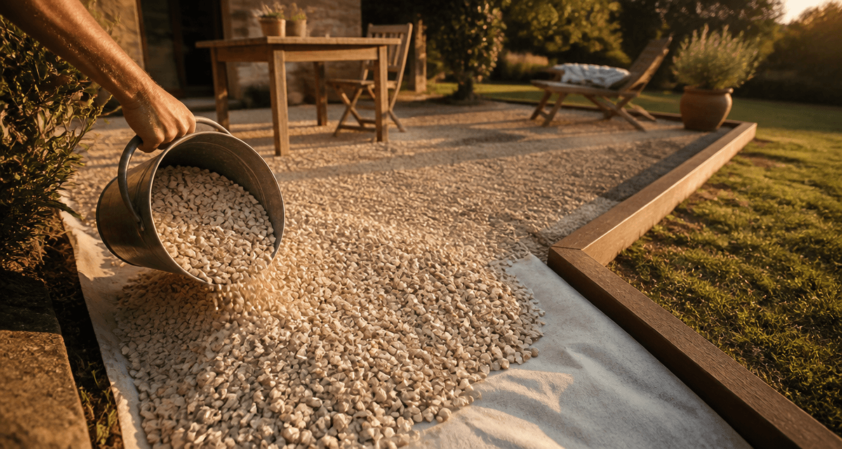 allintitle:quel gravier pour terrasse, main verse gravier 8/16 sur terrasse