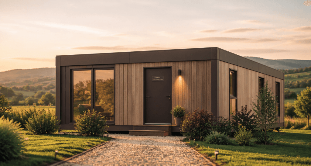 bungalow préfabriqué moderne au coucher du soleil