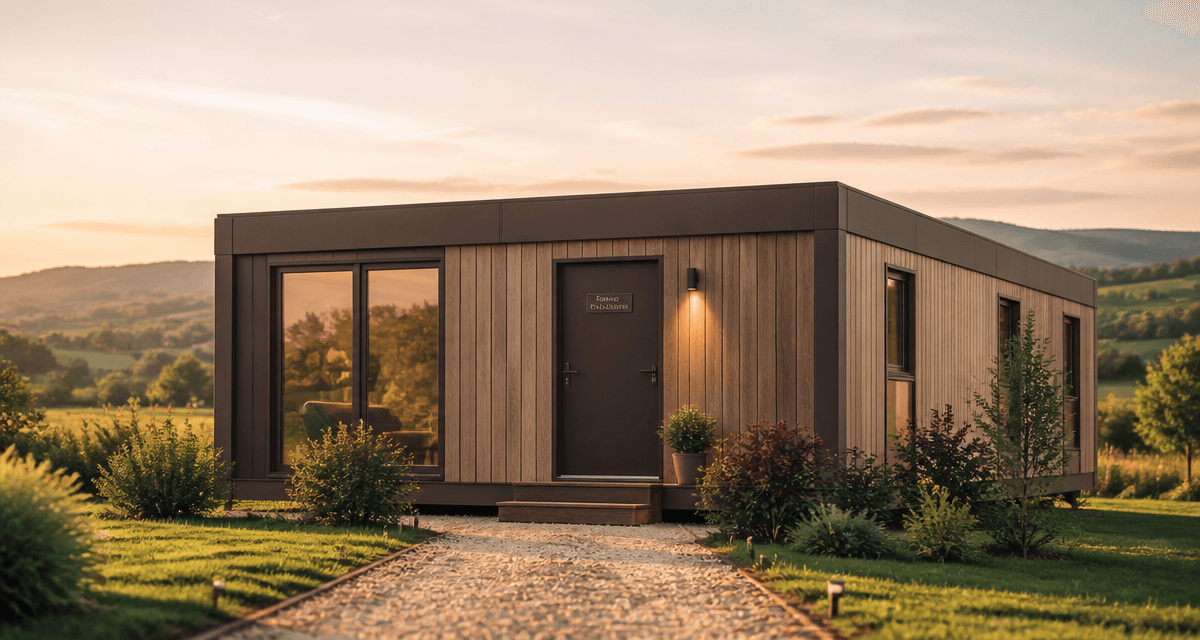 bungalow préfabriqué moderne au coucher du soleil