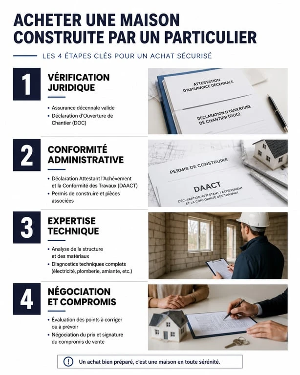 Infographie des étapes pour sécuriser l'achat d'une maison construite par un particulier