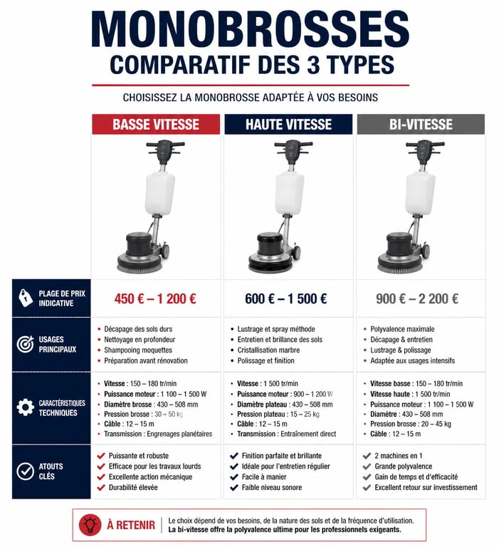 Infographie comparative des types de monobrosses et prix selon l'usage