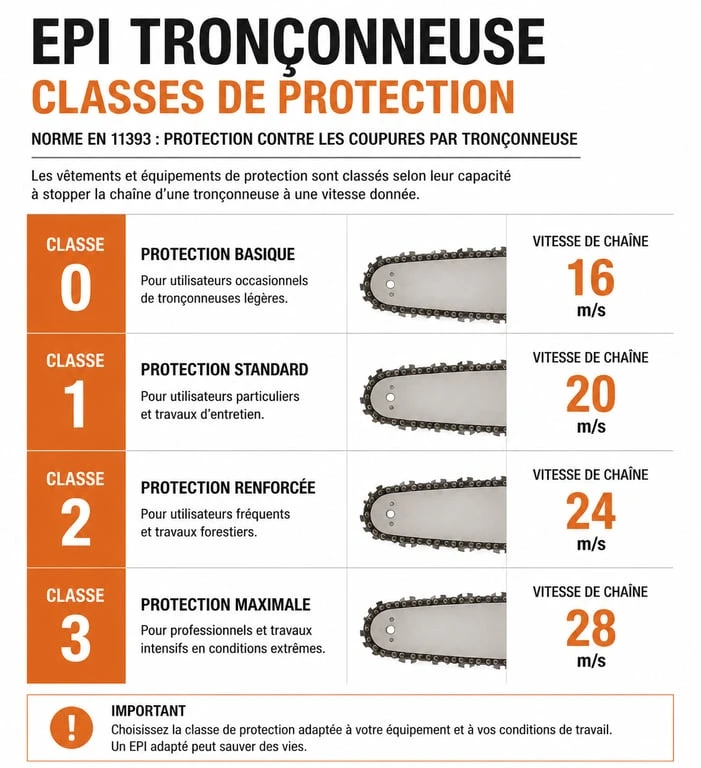 Tableau des classes de protection EPI tronçonneuse selon la norme EN 11393