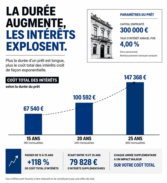 Infographie montrant l'impact de la durée du prêt sur le coût total d'un crédit immobilier