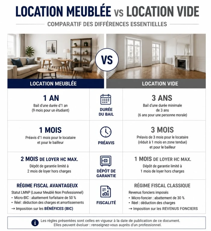 Tableau comparatif des différences entre location meublée et location vide pour la liste mobilier location meublée pdf