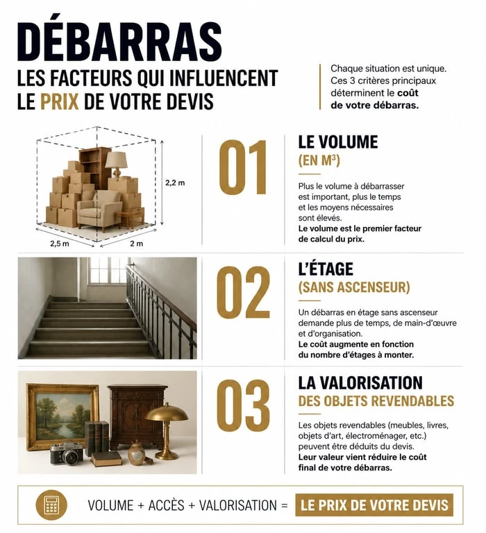 Infographie des facteurs influençant le prix d'un devis de débarras