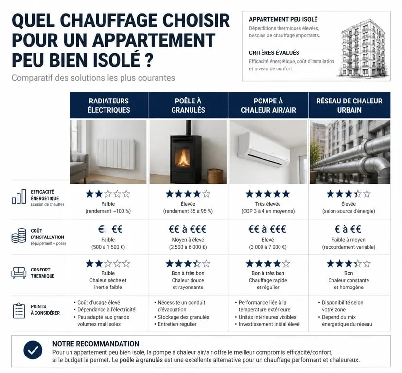 Comparatif des solutions de chauffage pour appartement mal isolé : efficacité, coût et confort