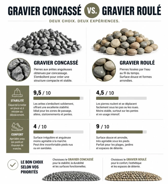 Comparatif entre gravier concassé et gravier roulé pour terrasse