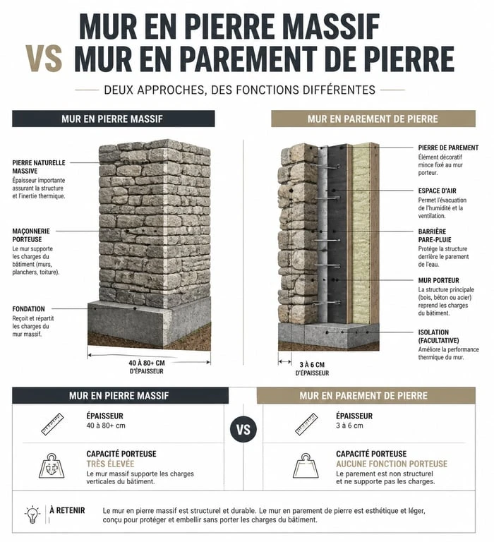 Comparaison technique entre mur en pierre massive et parement pierre