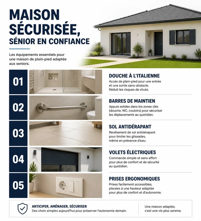 Infographie des équipements de sécurité pour maison de plain-pied senior