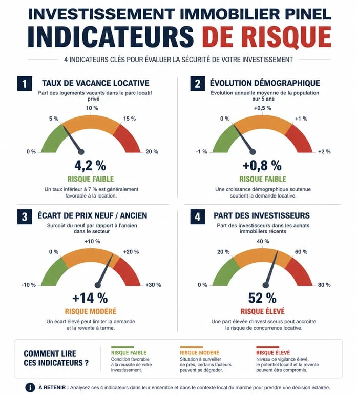 Infographie des indicateurs de risque pour un investissement immobilier neuf Pinel