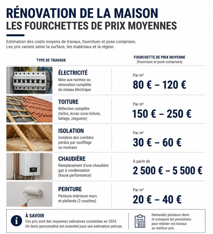 Infographie des coûts moyens des travaux par les artisans du bâtiment