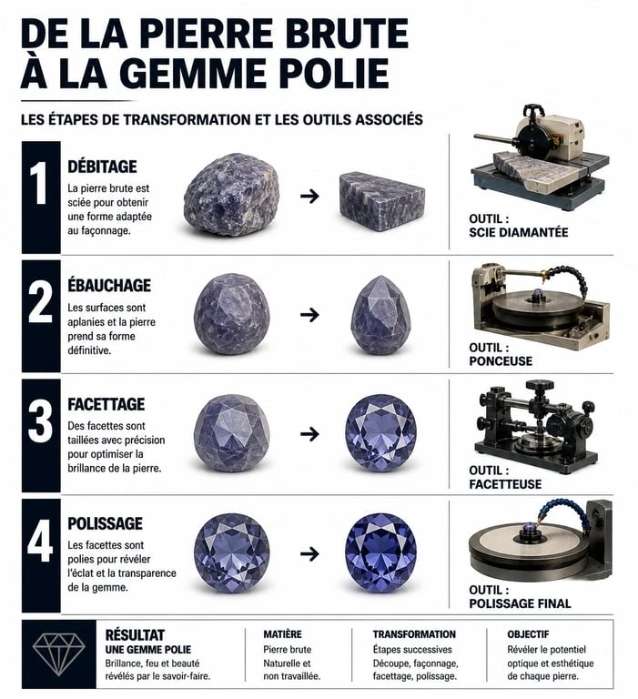 Étapes de transformation d'une pierre brute en gemme avec outillage lapidaire