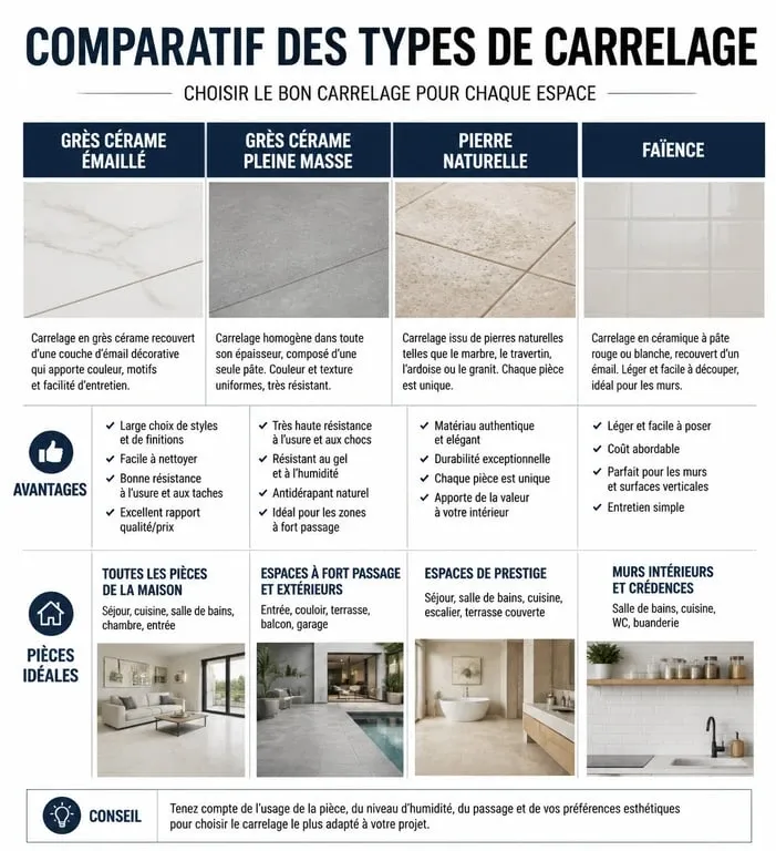 Tableau comparatif des matériaux pour réussir sa rénovation de carrelage avec Dalais-carreleur