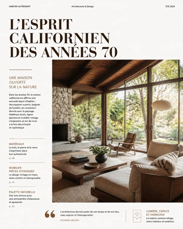 Salon d'une maison californienne année 70 avec baies vitrées et décoration vintage