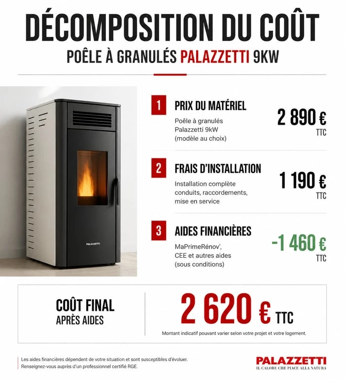 Infographie du coût total d'un poêle à granulés Palazzetti 9kW avec aides financières