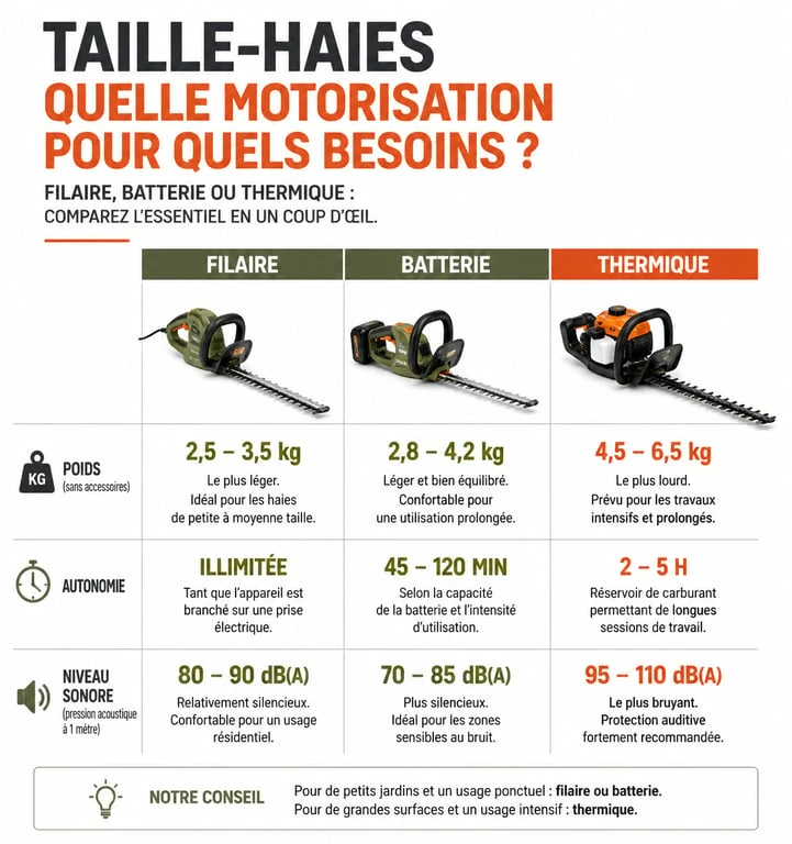 Comparatif des motorisations de perche taille-haies électrique : filaire, batterie et thermique.