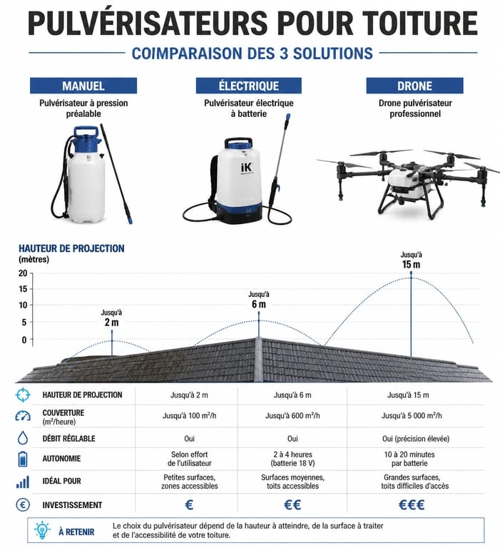 Comparatif des pulvérisateurs pour toiture : manuel, électrique et drone pour la pulvérisation toiture