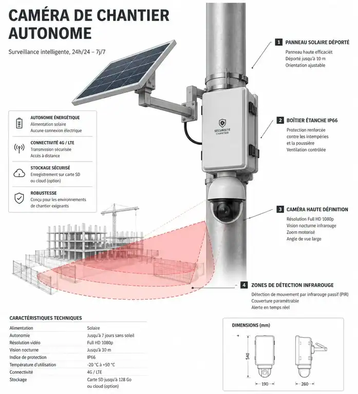 Schéma d'installation d'une caméra de chantier autonome pour la surveillance et la sécurité