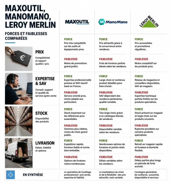 Comparatif des sites d'outillage Maxoutil, ManoMano et Leroy Merlin