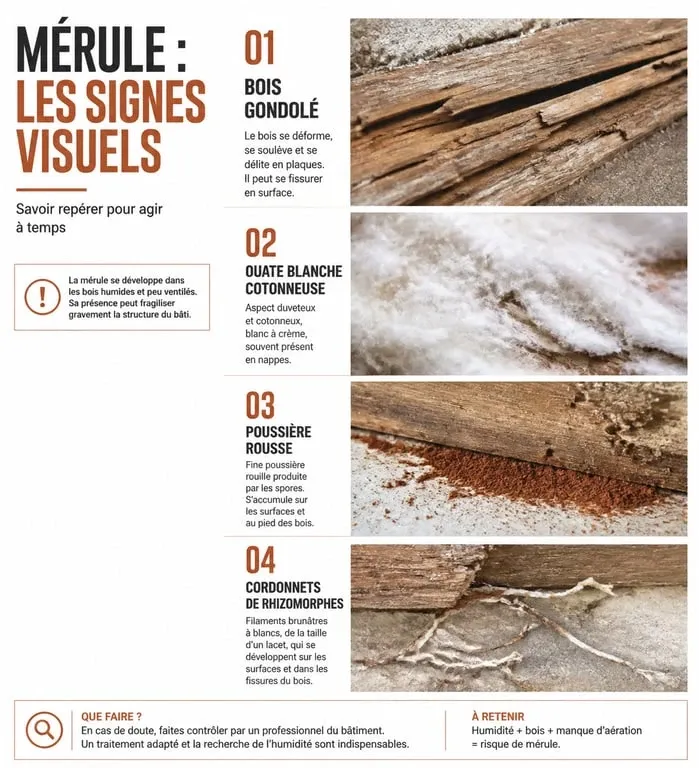 Signes visuels de la mérule sur le bois : ouate blanche et poussière rousse