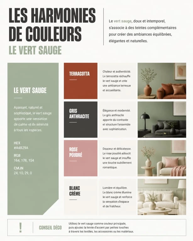 Infographie des associations de couleurs pour une décoration murale vert sauge