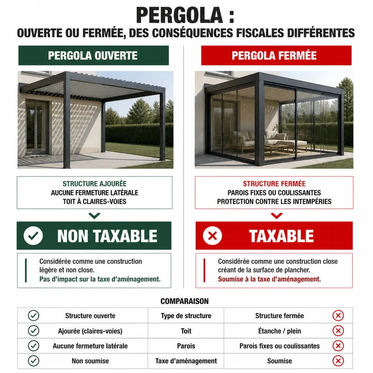 Infographie comparative : pergola ouverte non taxable vs pergola fermée taxable pour la taxe d'aménagement