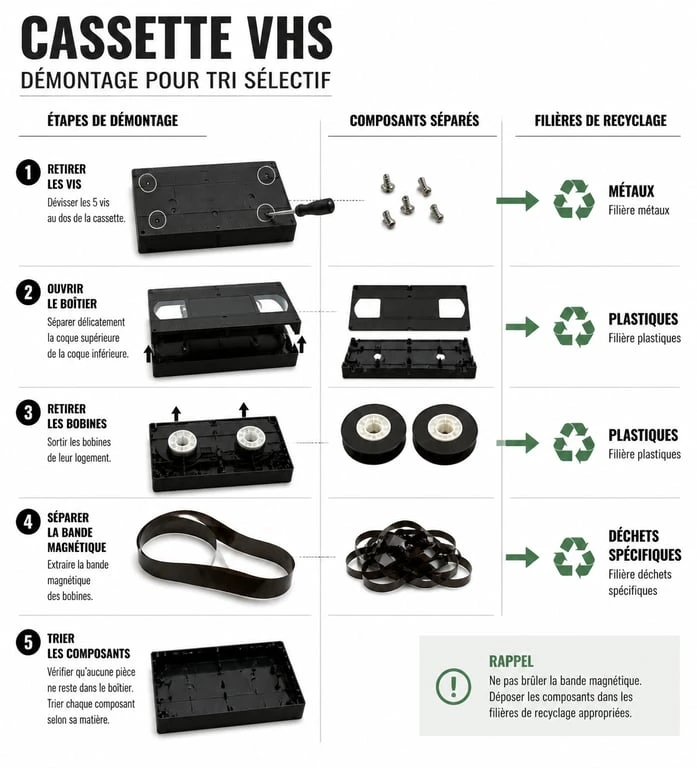 Infographie du démontage et recyclage des cassettes VHS