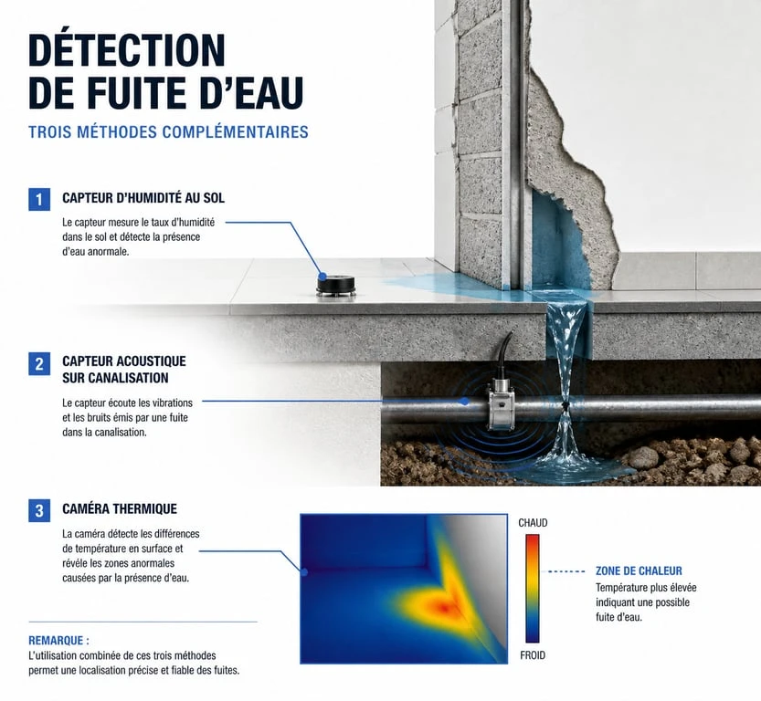 Schéma explicatif des technologies de détection de fuites d'eau : humidité, acoustique et thermique