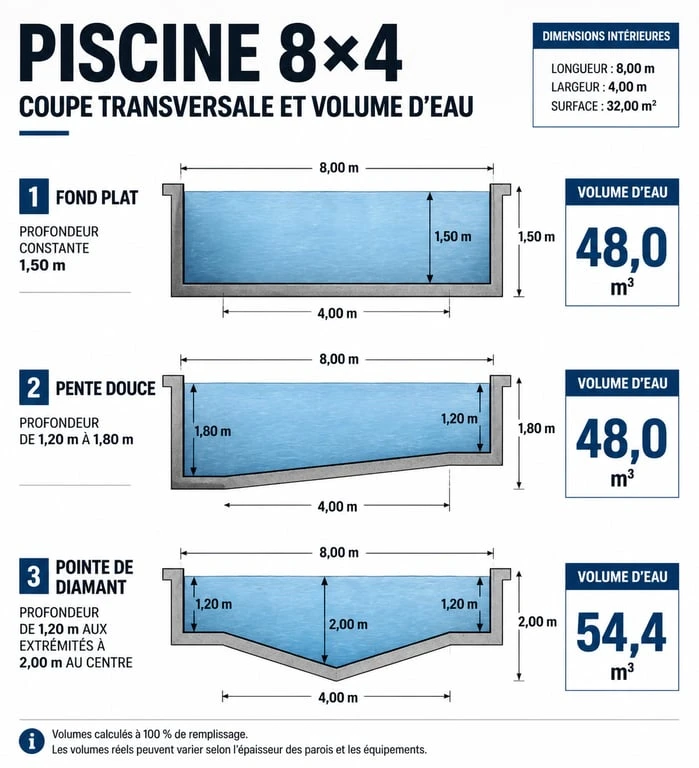 Infographie comparative du volume d'une piscine 8x4 selon le profil du fond