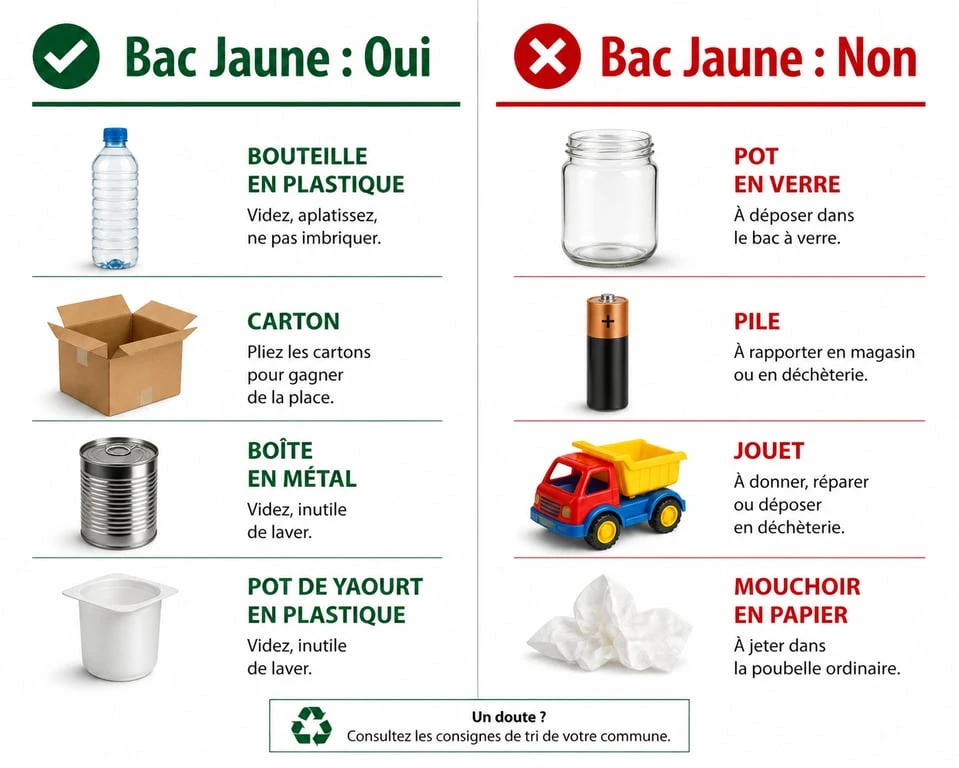 Infographie récapitulative des consignes de tri pour la poubelle jaune : ce qui est accepté et ce qui est refusé.