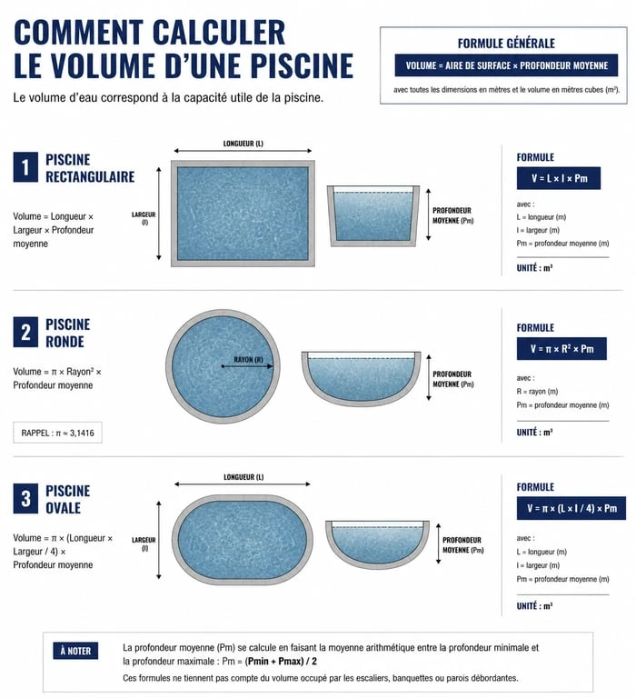 Schéma explicatif des méthodes de calcul du volume en m3 d'une piscine selon sa forme