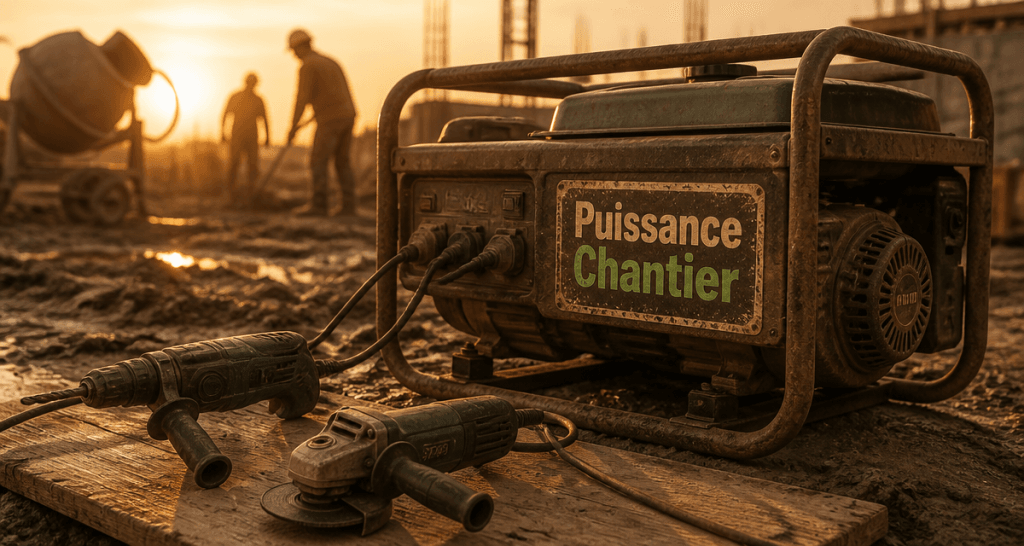 groupe electrogene chantier sur sol boueux avec outils