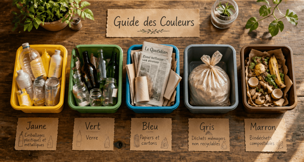cinq bacs couleur poubelle tri selectif sur table