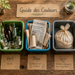 cinq bacs couleur poubelle tri selectif sur table