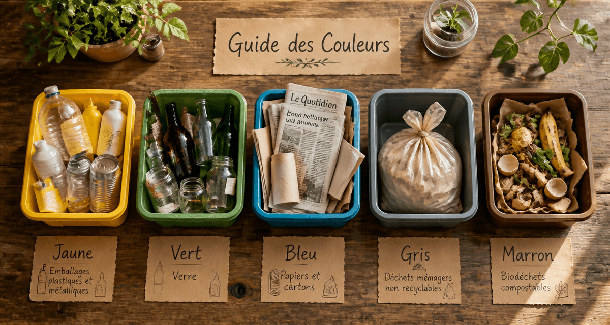 cinq bacs couleur poubelle tri selectif sur table