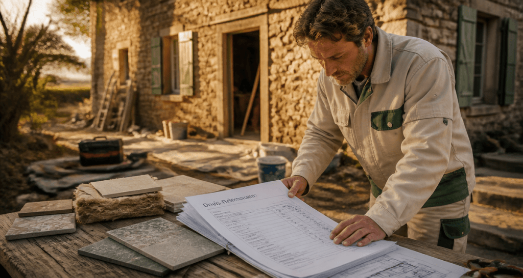 Les artisans du batiment examinant un devis renovation