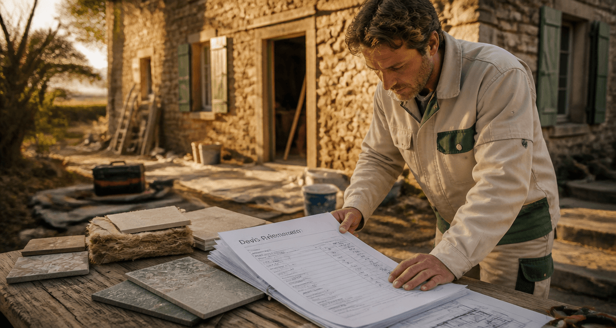 Les artisans du batiment examinant un devis renovation