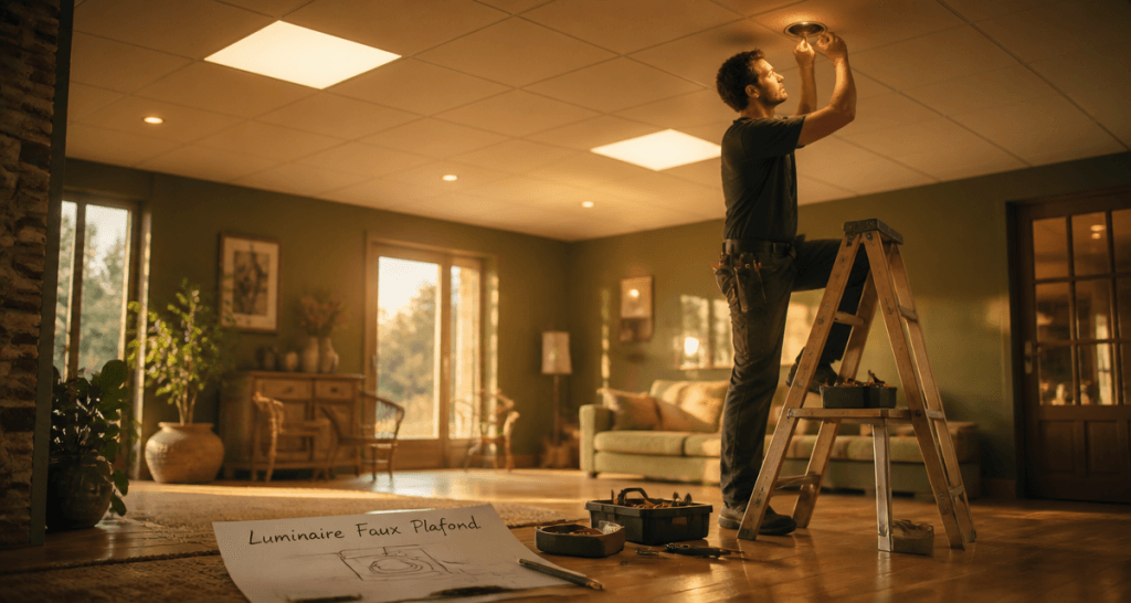 luminaire faux plafond LED et spot encastré