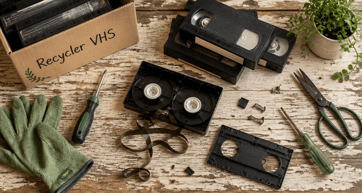 recyclage vhs cassettes sur table avec outils